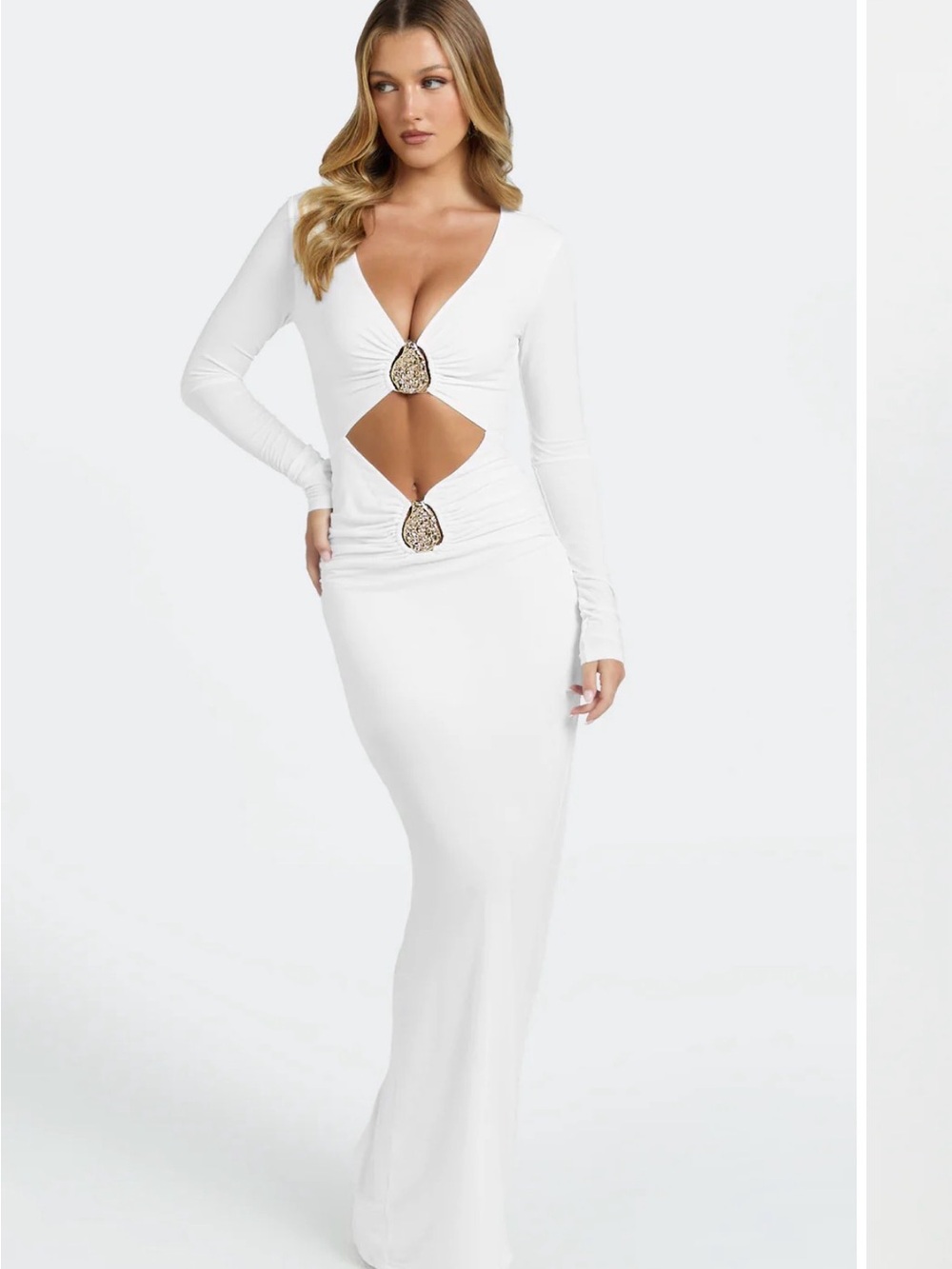 Long Sleeve White Cutout Maxi Dress with Metallic Accents